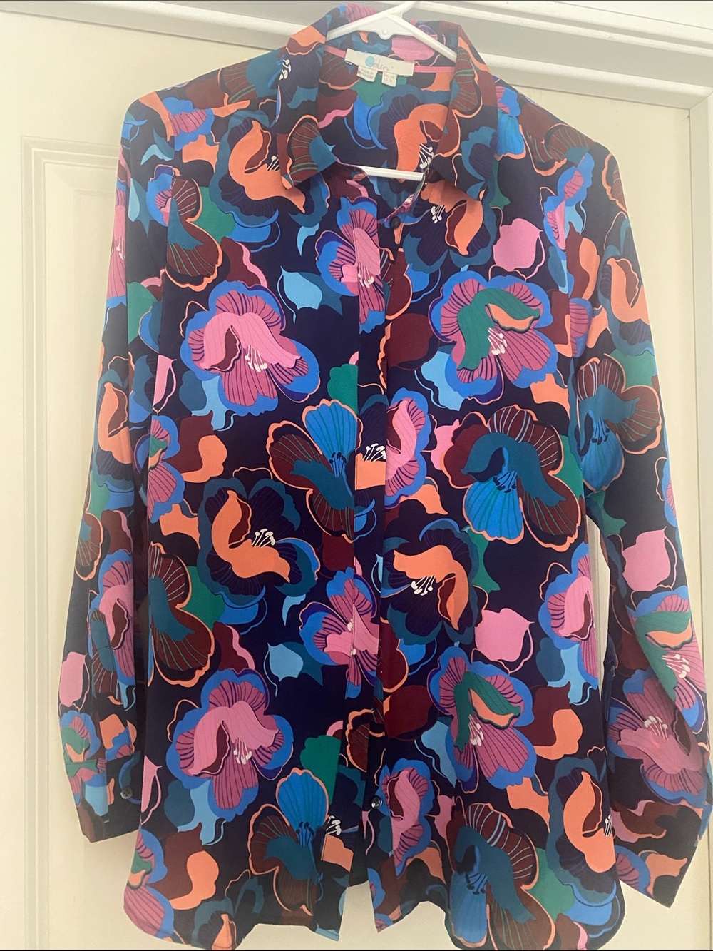Boden Bold Floral Button-Down Shirt in Navy, Pink, Blue & Green Silk size 8